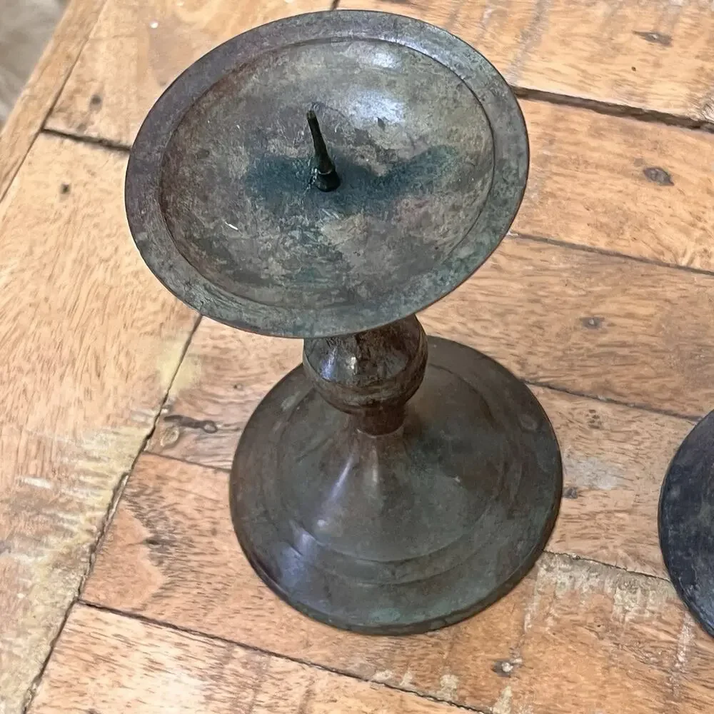Vintage Brass Pillar Candle Holders Set of 2 Turned Stem Design